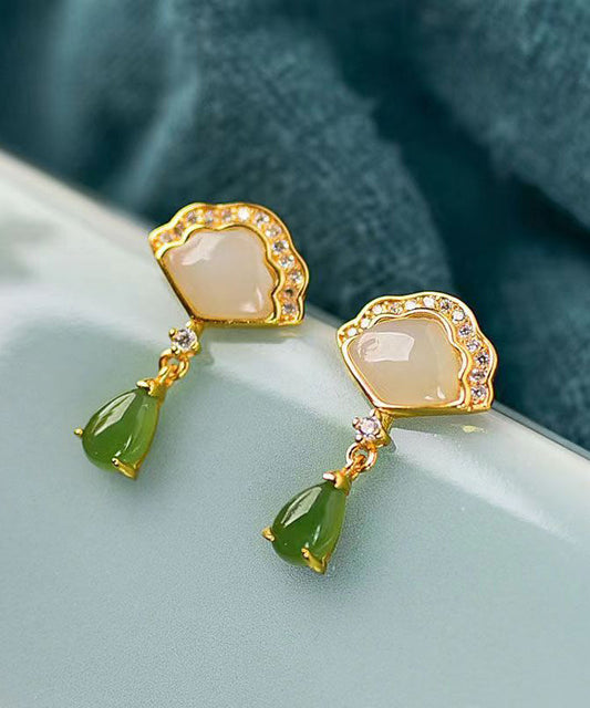 Retro Green Jade Zircon Silver Stud Earrings Ada Fashion