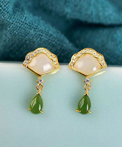 Retro Green Jade Zircon Silver Stud Earrings Ada Fashion