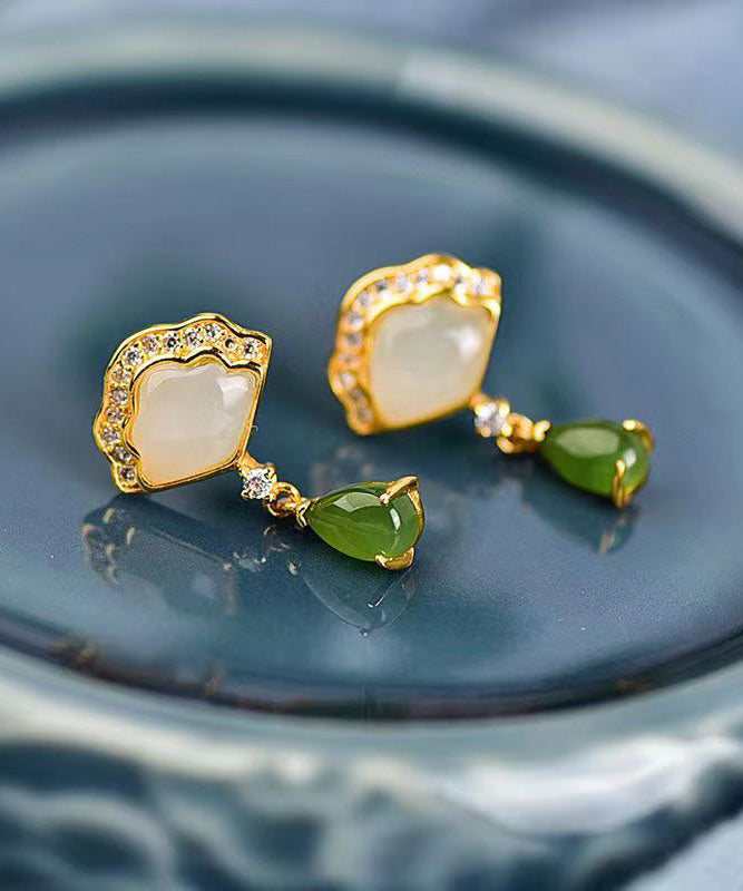 Retro Green Jade Zircon Silver Stud Earrings Ada Fashion