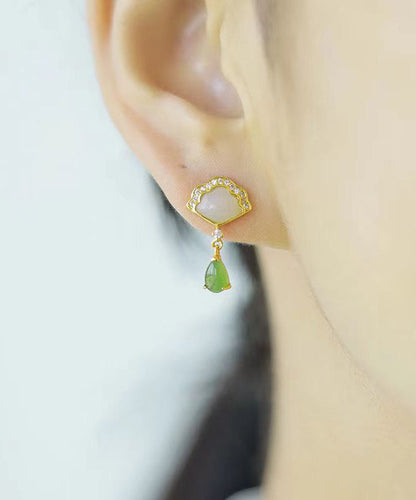 Retro Green Jade Zircon Silver Stud Earrings Ada Fashion