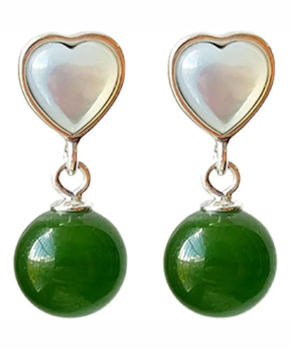 Retro Green Sterling Silver Inlaid Love Shell JadeDrop Earrings Ada Fashion