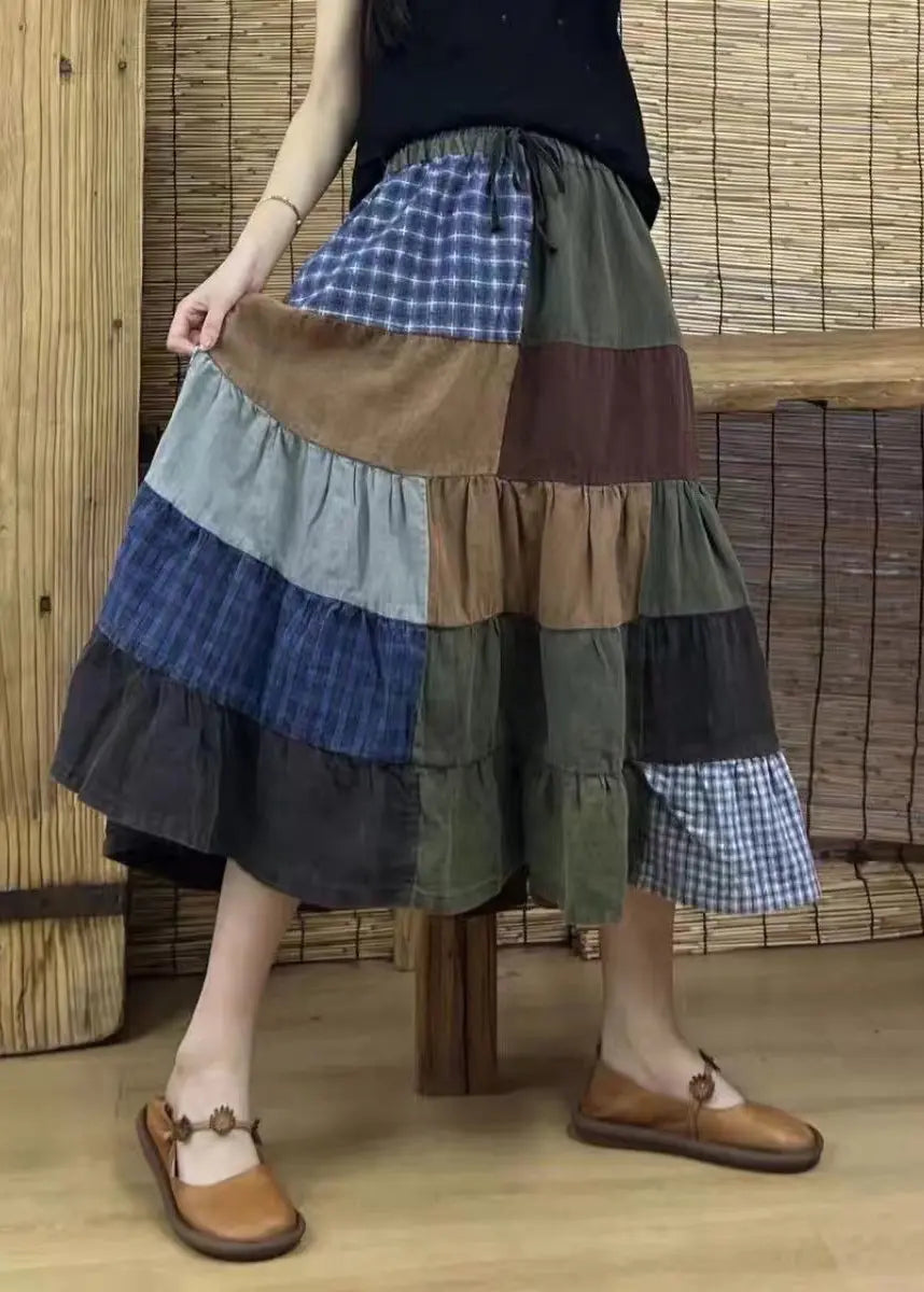Retro Plaid Elastic Waist Patchwork Cotton Skirts Fall Ada Fashion