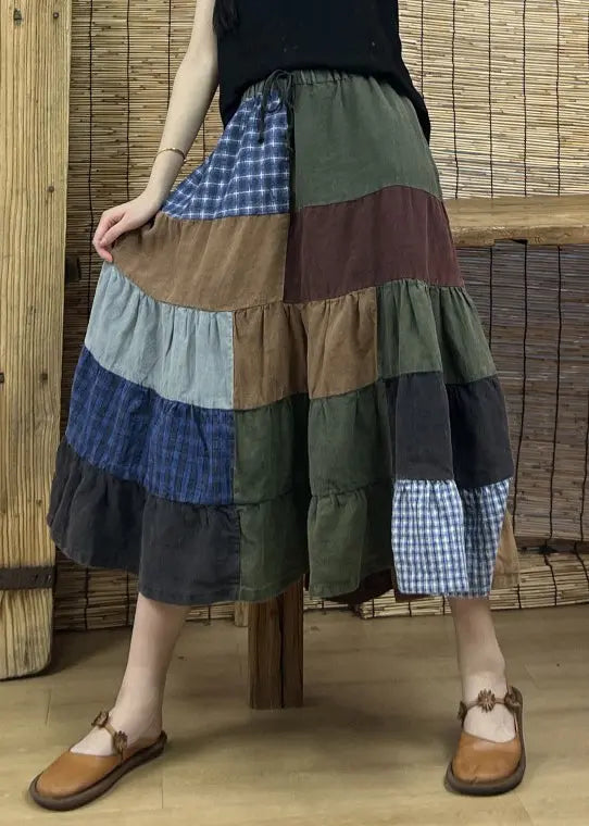 Retro Plaid Elastic Waist Patchwork Cotton Skirts Fall Ada Fashion