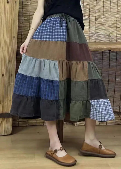 Retro Plaid Elastic Waist Patchwork Cotton Skirts Fall Ada Fashion