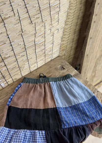 Retro Plaid Elastic Waist Patchwork Cotton Skirts Fall Ada Fashion