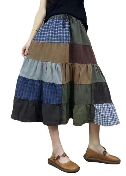 Retro Plaid Elastic Waist Patchwork Cotton Skirts Fall Ada Fashion