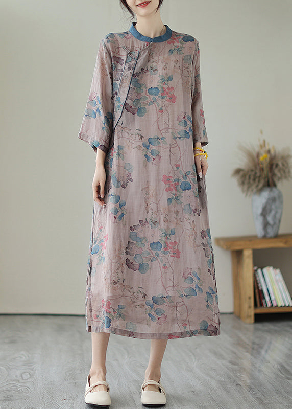 Retro Purple Grey Print Side Open Linen Long Dresses Summer Ada Fashion