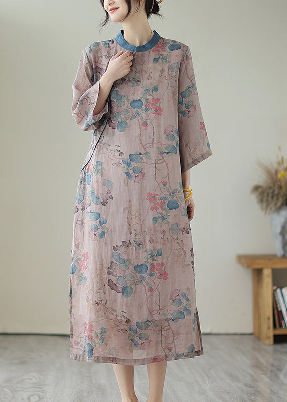 Retro Purple Grey Print Side Open Linen Long Dresses Summer Ada Fashion