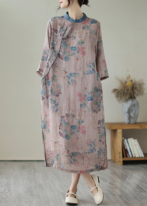 Retro Purple Grey Print Side Open Linen Long Dresses Summer Ada Fashion