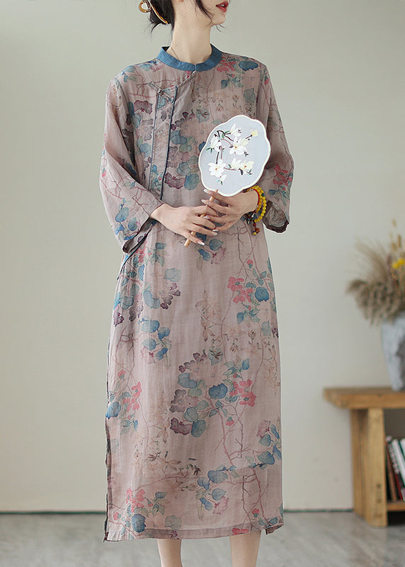 Retro Purple Grey Print Side Open Linen Long Dresses Summer Ada Fashion