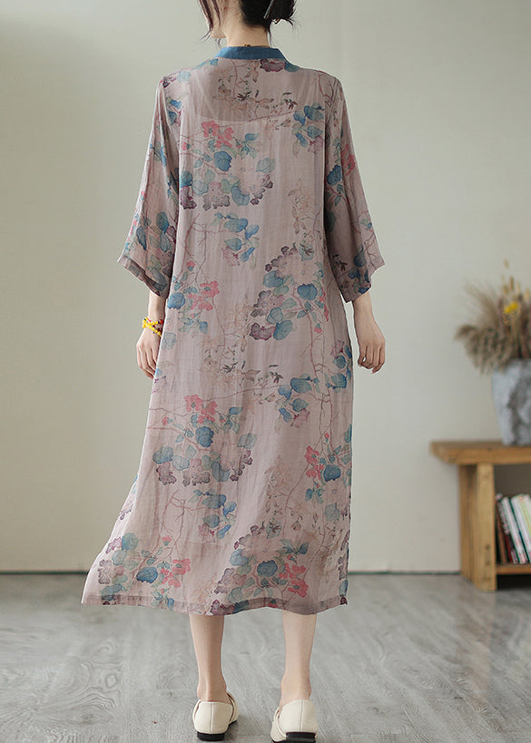 Retro Purple Grey Print Side Open Linen Long Dresses Summer Ada Fashion