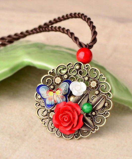 Retro Red Floral Butterfly Hollow Out Metal Pendant Necklace Ada Fashion