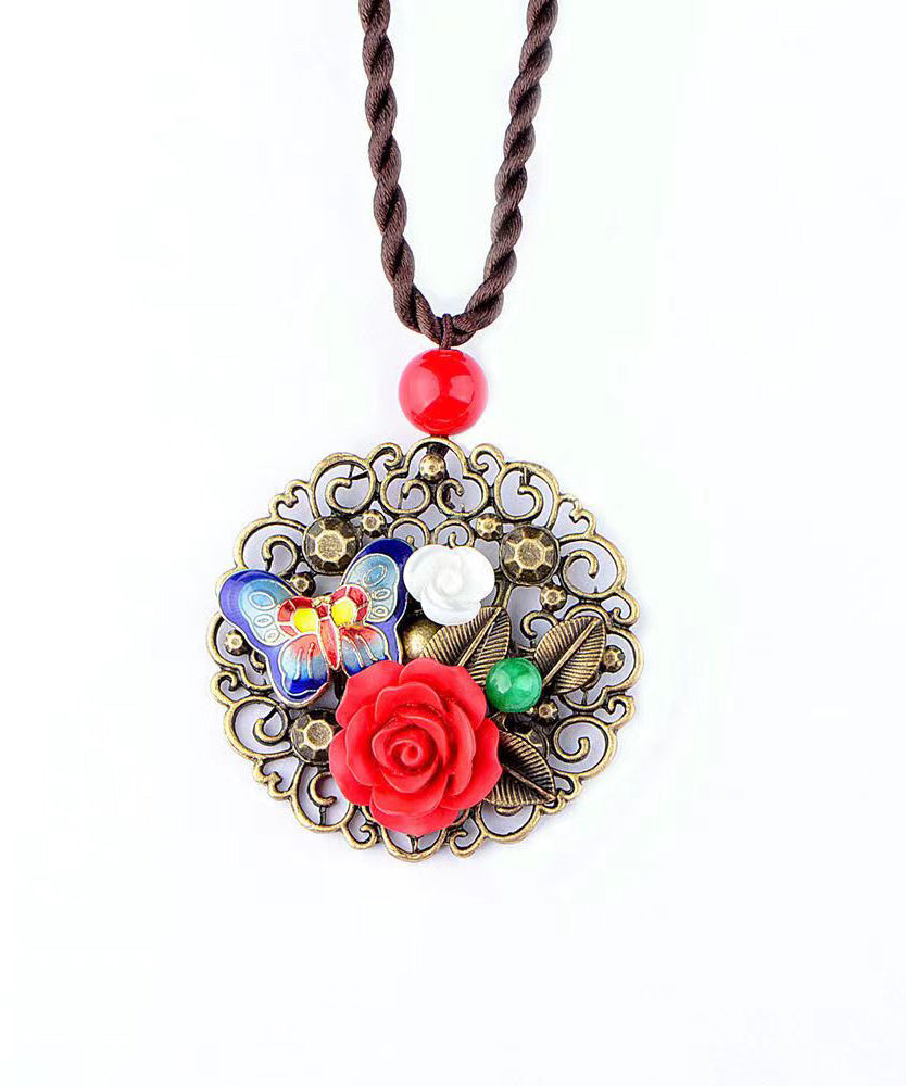 Retro Red Floral Butterfly Hollow Out Metal Pendant Necklace Ada Fashion