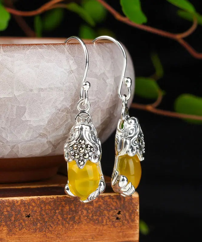 Retro Yellow Sterling Silver Inlaid Chalcedony A Mythical Wild Animal Drop Earrings Ada Fashion