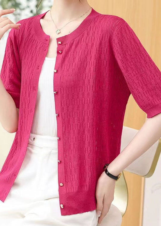 Rose Patchwork Thin Knit Cardigan O Neck Hollow Out Summer Ada Fashion