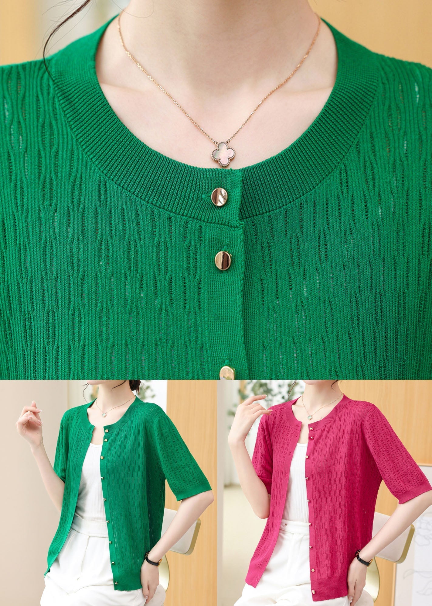 Rose Patchwork Thin Knit Cardigan O Neck Hollow Out Summer Ada Fashion