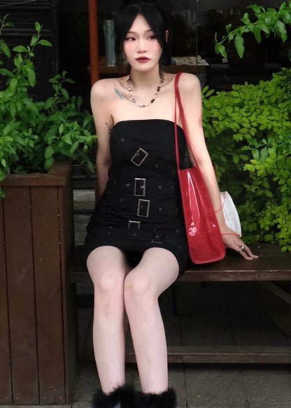 Sexy Black Original Design Slim Fit Cotton Mid Wraped Dress Sleeveless Ada Fashion