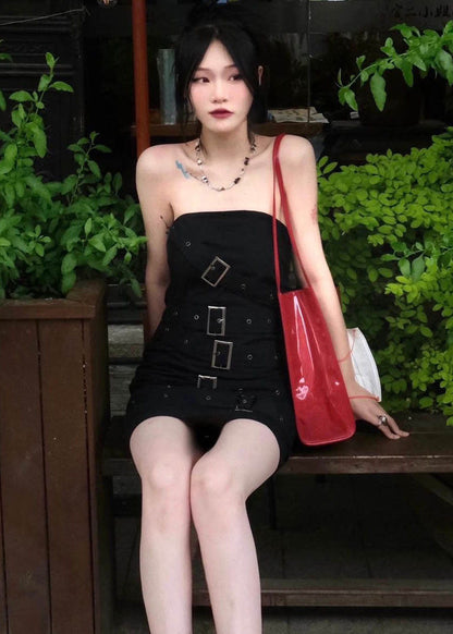 Sexy Black Original Design Slim Fit Cotton Mid Wraped Dress Sleeveless Ada Fashion