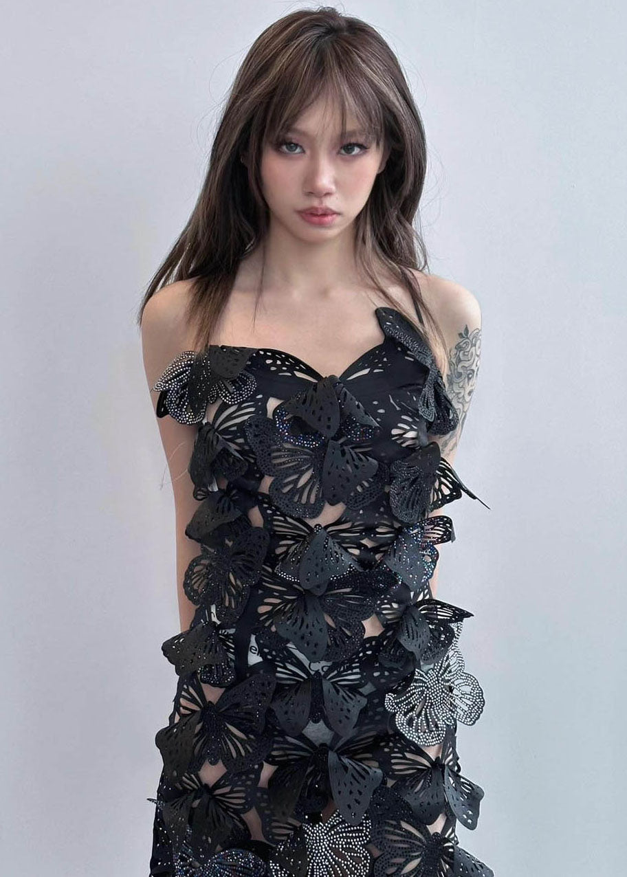 Sexy Rose Butterfly Hollow Out Zircon Spaghetti Strap Dress Summer Ada Fashion