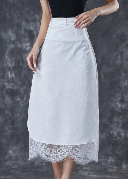 Silm Fit White Tasseled Lace Patchwork Cotton Wraped Skirt Fall Ada Fashion