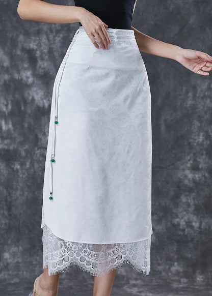 Silm Fit White Tasseled Lace Patchwork Cotton Wraped Skirt Fall Ada Fashion