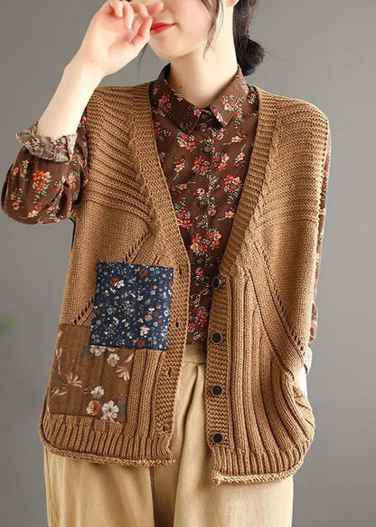 Simple Brown V Neck Button Hollow Out Cotton Knit Waistcoat Sleeveless Ada Fashion