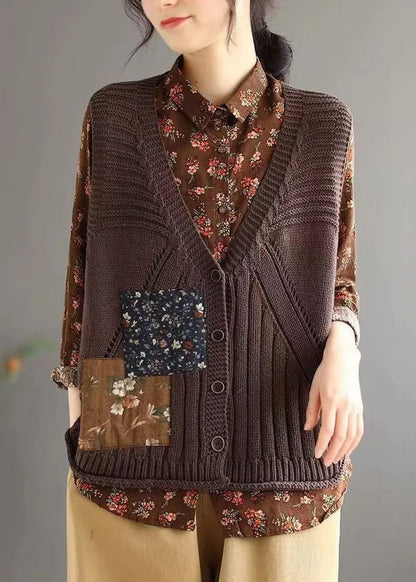 Simple Brown V Neck Button Hollow Out Cotton Knit Waistcoat Sleeveless Ada Fashion