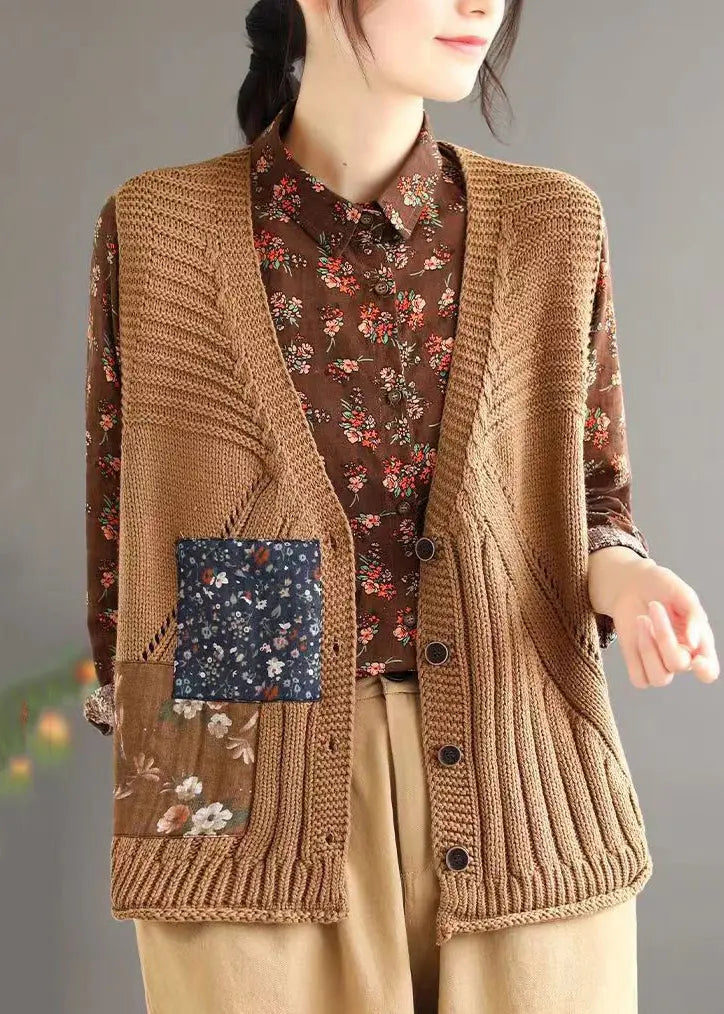 Simple Brown V Neck Button Hollow Out Cotton Knit Waistcoat Sleeveless Ada Fashion