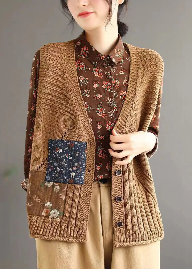 Simple Brown V Neck Button Hollow Out Cotton Knit Waistcoat Sleeveless Ada Fashion