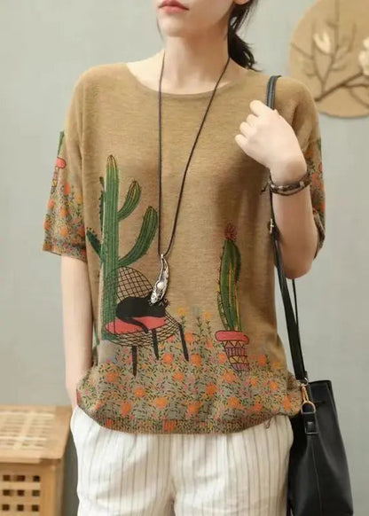 Simple Camel Print Patchwork Cozy Cotton Knit Top Summer Ada Fashion