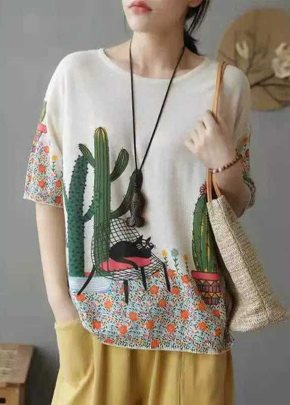Simple Camel Print Patchwork Cozy Cotton Knit Top Summer Ada Fashion