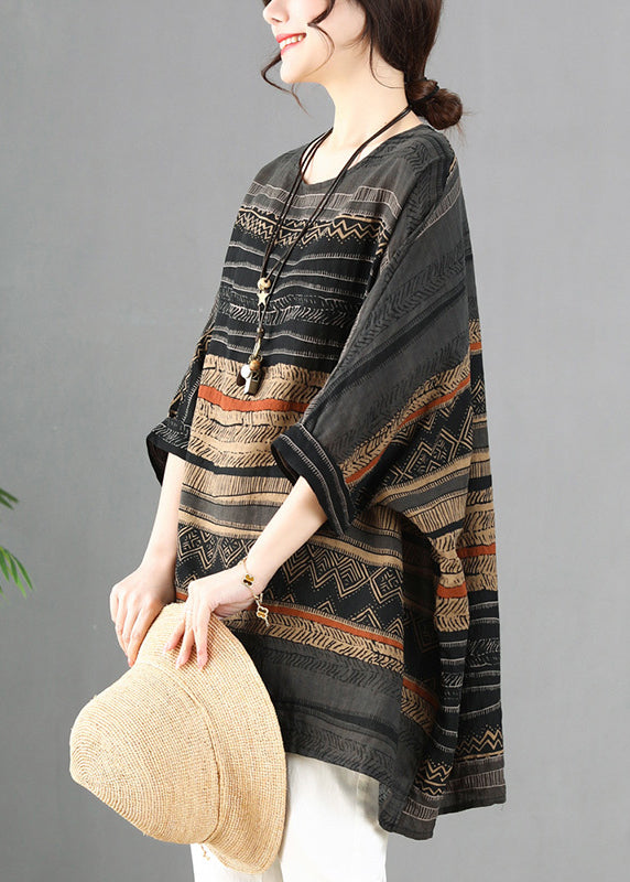 Simple Grey Oversized Striped Linen Top Batwing Sleeve Ada Fashion