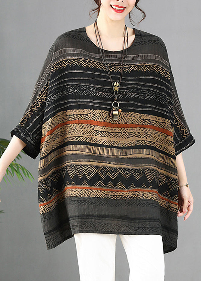 Simple Grey Oversized Striped Linen Top Batwing Sleeve Ada Fashion