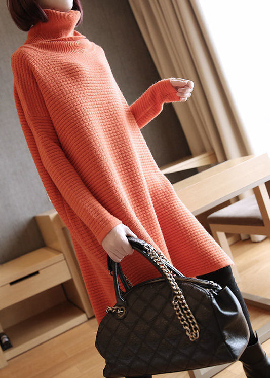 Simple Orange Turtle Neck Oversized Knitted Long Sweater Spring LY1439