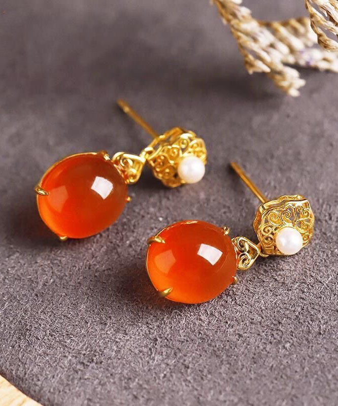 Simple Red 18K Gold Inlaid Jade Agate Drop Earrings Ada Fashion