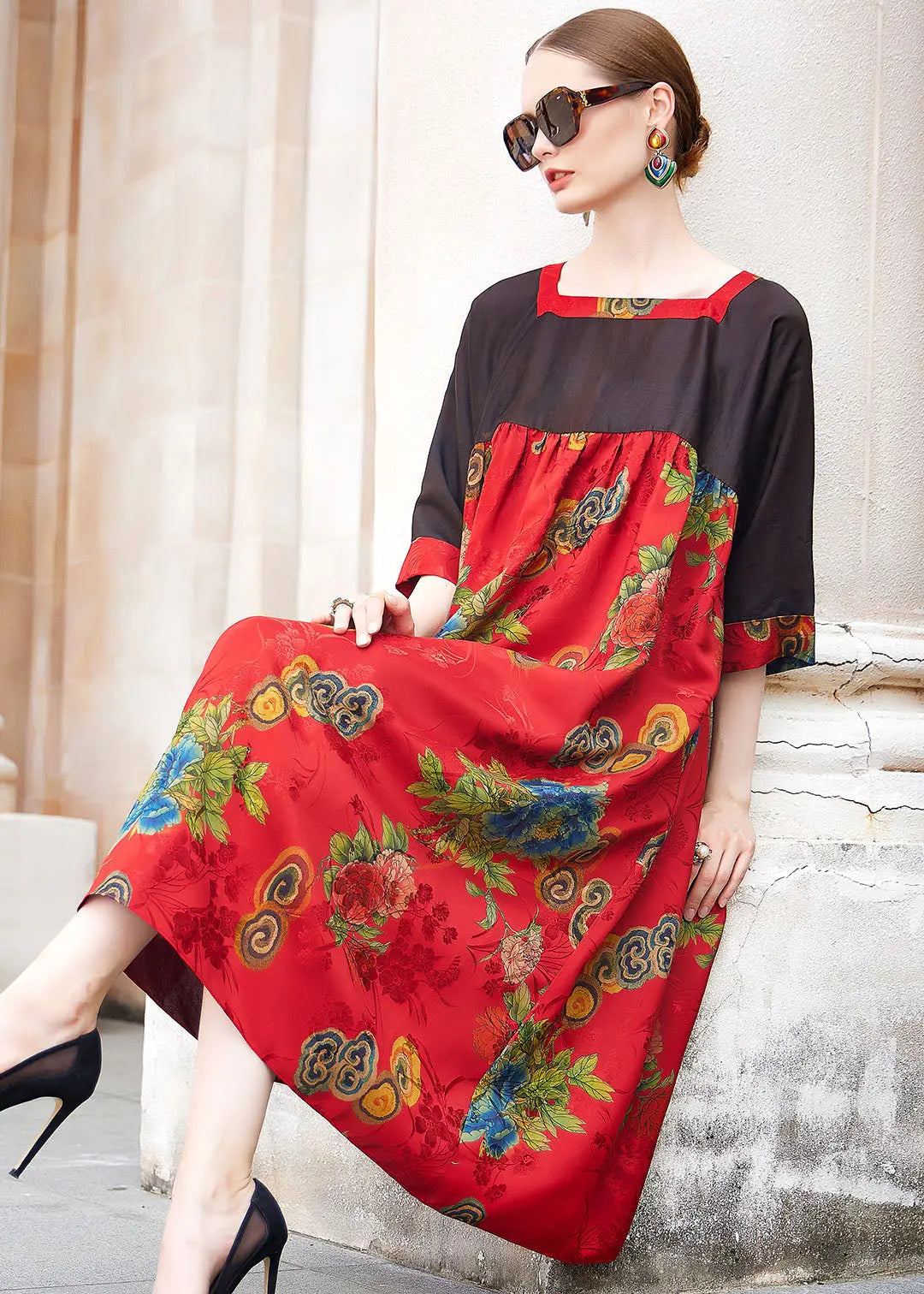 Simple Red Square Collar Print Patchwork Long Dress Short Sleeve Ada Fashion