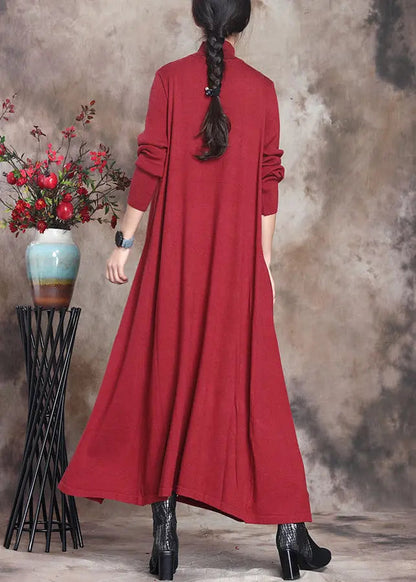 Simple Red Turtleneck Patchwork Knit Cotton Maxi Dress Long Sleeve Ada Fashion