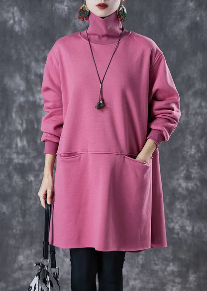 Simple Rose Turtle Neck Patchwork Cotton Mid Dress Fall Ada Fashion