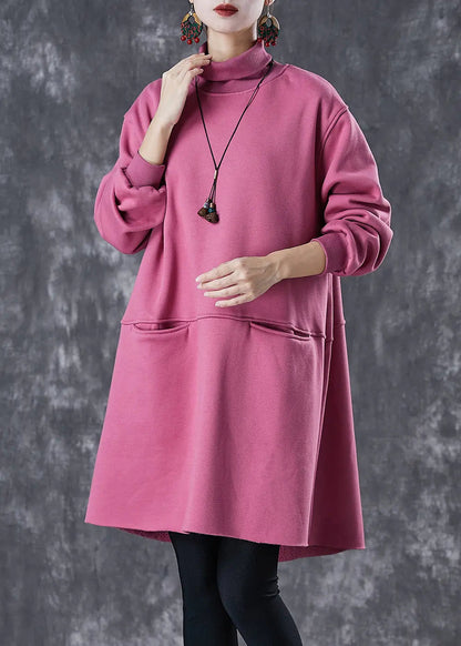 Simple Rose Turtle Neck Patchwork Cotton Mid Dress Fall Ada Fashion