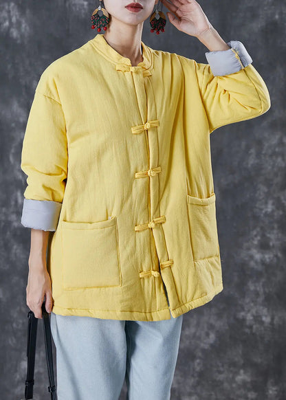 Simple Yellow Chinese Button Fine Cotton Filled Parkas Winter Ada Fashion