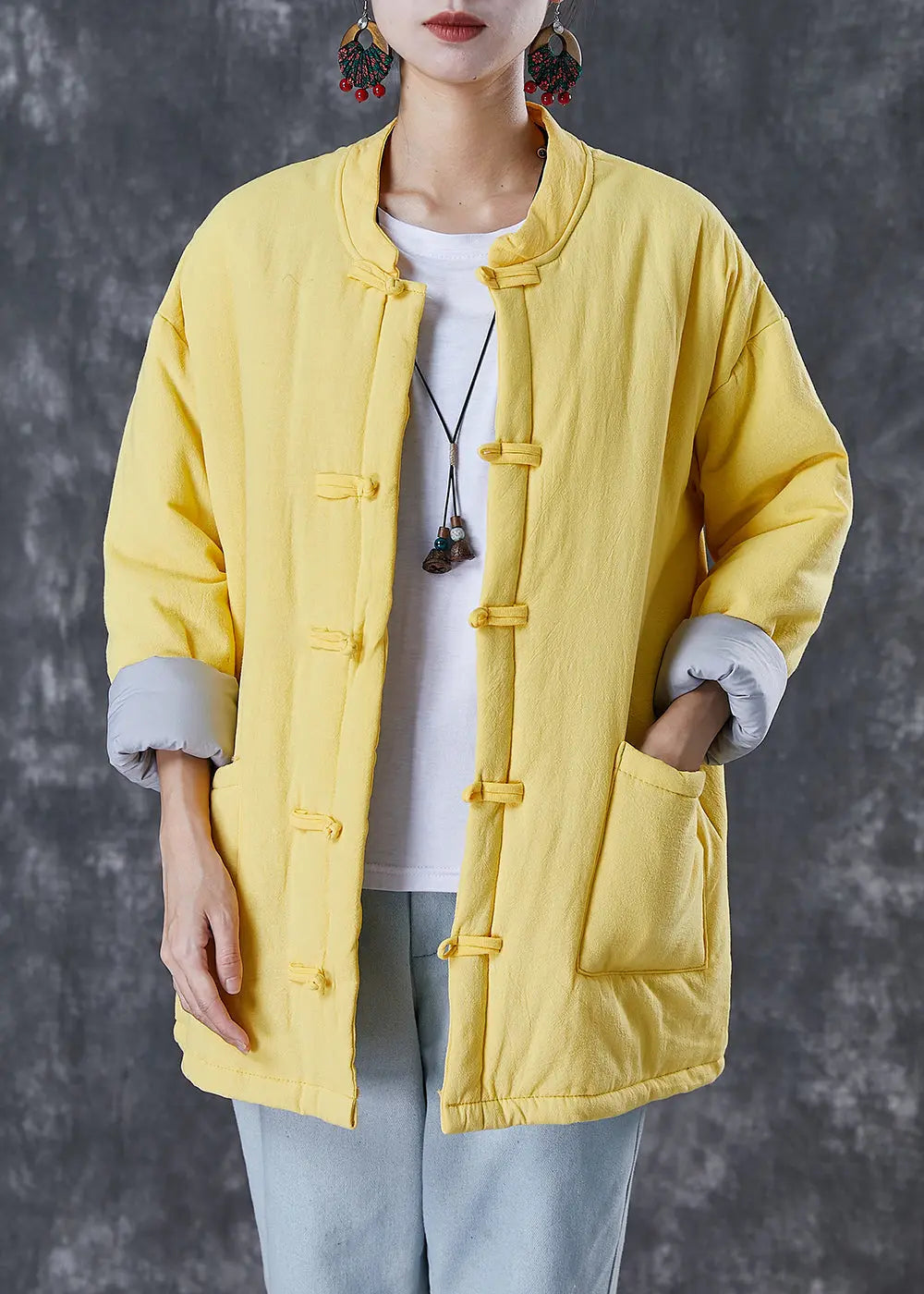 Simple Yellow Chinese Button Fine Cotton Filled Parkas Winter Ada Fashion