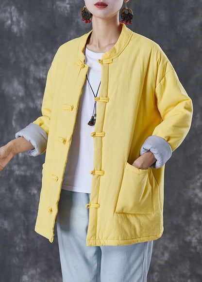 Simple Yellow Chinese Button Fine Cotton Filled Parkas Winter Ada Fashion