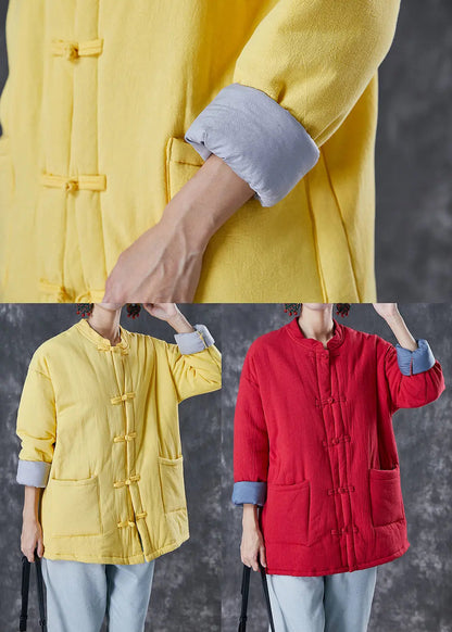 Simple Yellow Chinese Button Fine Cotton Filled Parkas Winter Ada Fashion