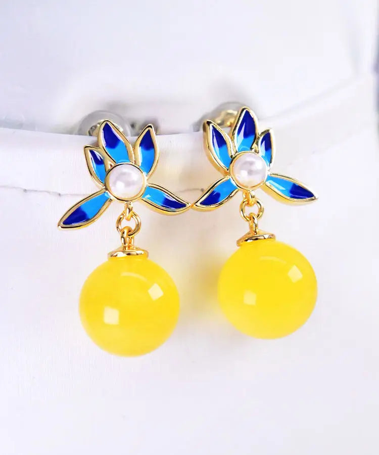 Simple Yellow Sterling Silver Pearl Amber Beeswax Drop Earrings Ada Fashion