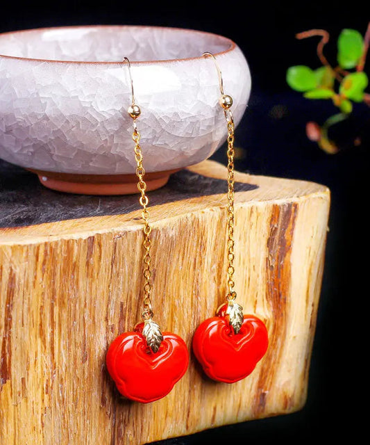 Skinny Red Sterling Silver Overgild Cinnabar Ruyi Drop Earrings Ada Fashion