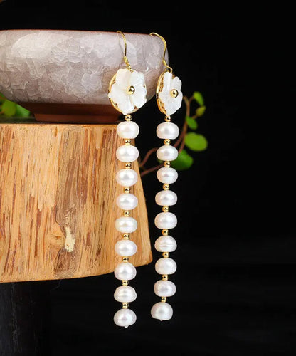 Skinny White Sterling Silver Overgild Pearl Shell Flower Tassel Drop Earrings Ada Fashion