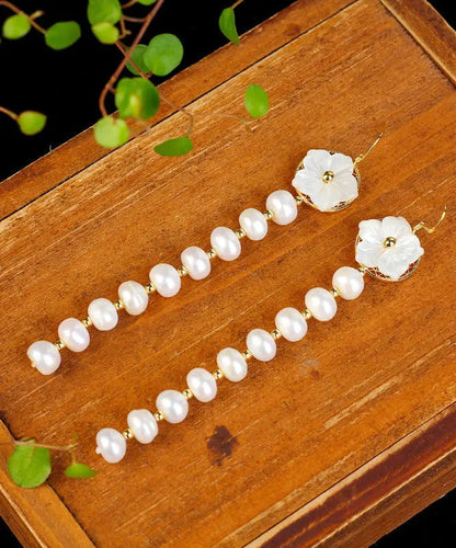 Skinny White Sterling Silver Overgild Pearl Shell Flower Tassel Drop Earrings Ada Fashion