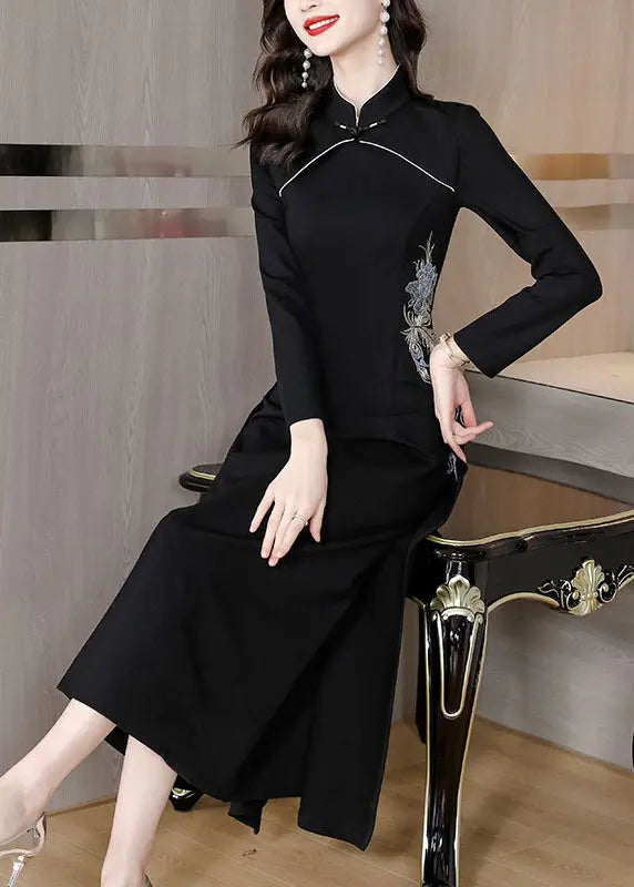 Slim Fit Black Stand Collar Embroidered Patchwork Maxi Dress Fall Ada Fashion