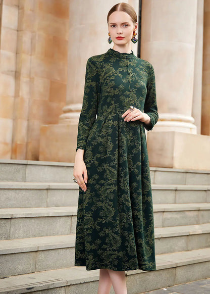 Slim Fit Blackish Green Print Wrinkled High Waist Knit Maxi Dresses Long Sleeve Ada Fashion