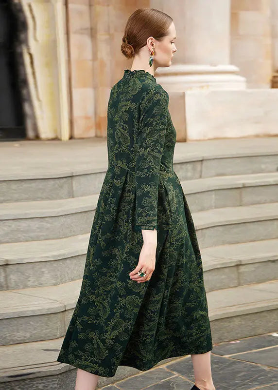 Slim Fit Blackish Green Print Wrinkled High Waist Knit Maxi Dresses Long Sleeve Ada Fashion